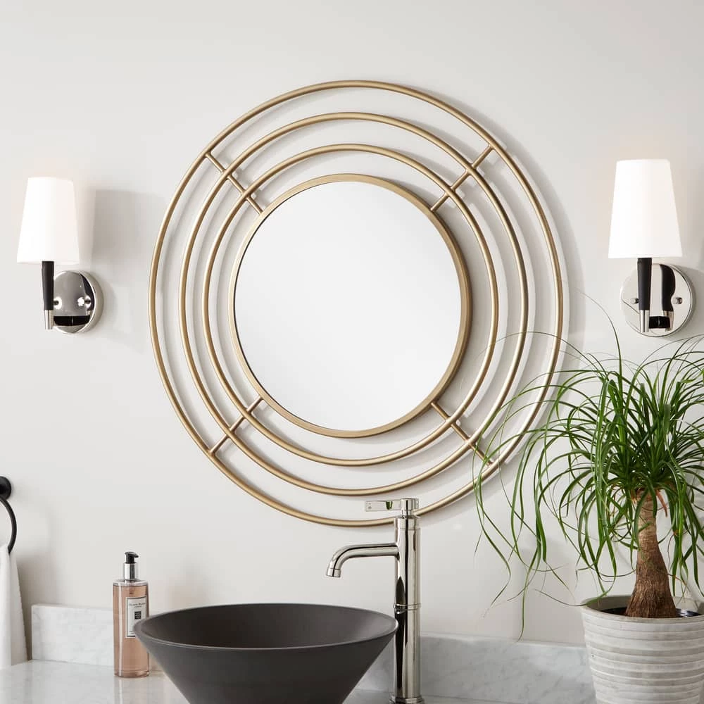 Signature Hardware Reka 30-3/4 x 7/8 in. Round Decorative Vanity Mirror in Antique Brass 1 Signature Hardware Reka 30-3/4 x 7/8 in. Round Decorative Vanity Mirror in Antique Brass
