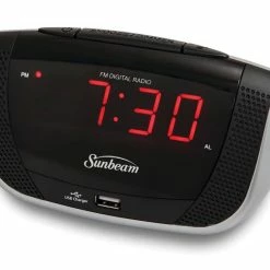 Sunbeam Hospitality 100/240V Clock Radio with Daily Alarm Reset, 0.9 in. LED Display, Auxiliary Audio Jack and USB Port in Black