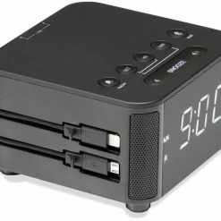 100/240V Multi-Function Audio Alarm ABS Clock with Bluetooth Alarm, Built-in Iphone and Micro & USB-C Cables for Iphone, Ipad, Ipod, and Wireless QI Charging