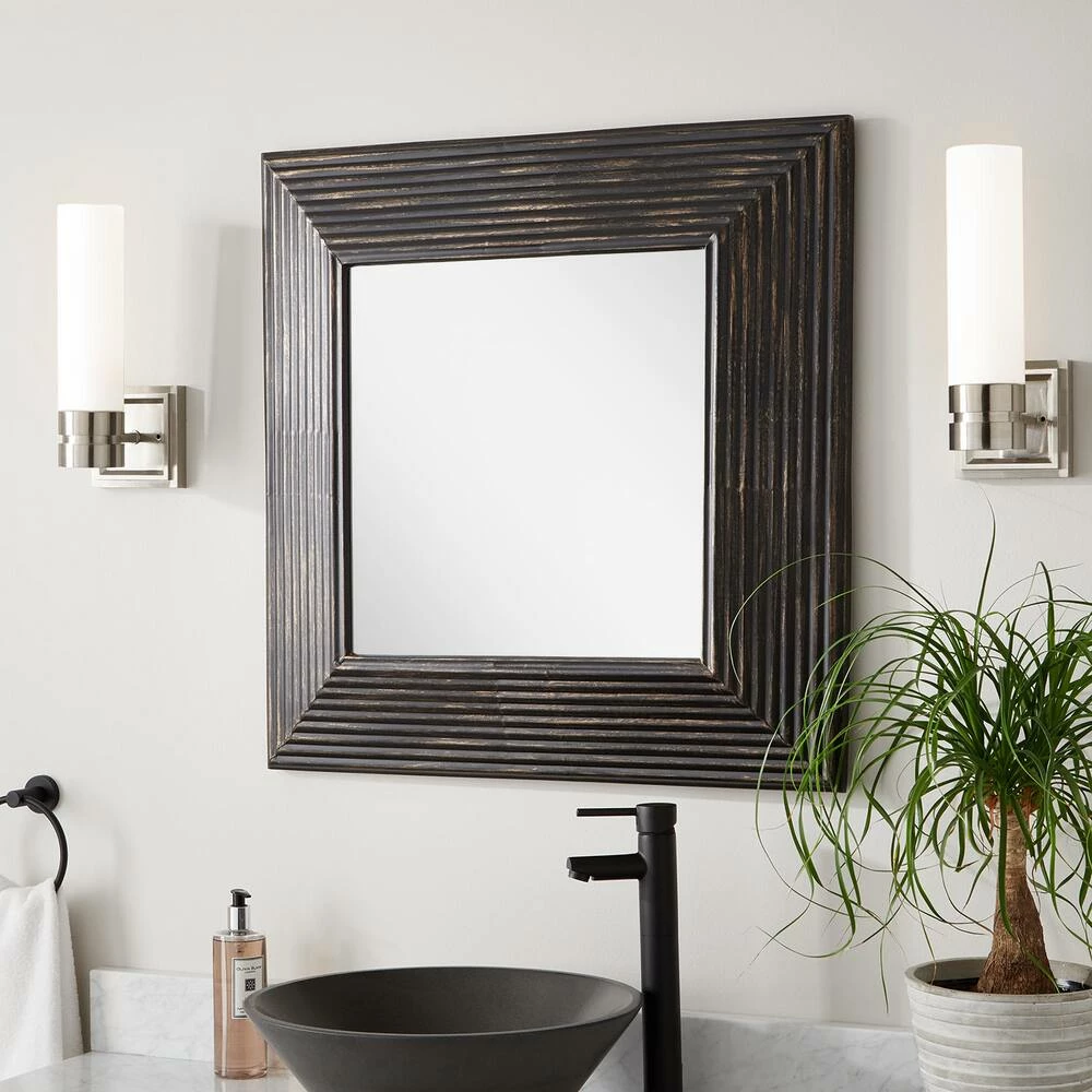 Signature Hardware Moorcroft 29-1/4 x 29-1/4 x 3-1/2 in. Square Decorative Vanity Mirror in Black Powder Coat with Gold Lining 5 Signature Hardware Moorcroft 29-1/4 x 29-1/4 x 3-1/2 in. Square Decorative Vanity Mirror in Black Powder Coat with Gold Lining - Image 5