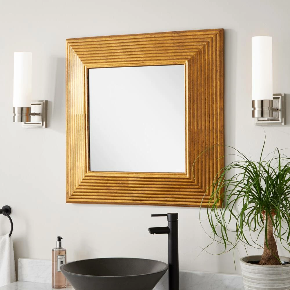 Signature Hardware Moorcroft 29-1/4 x 29-1/4 x 3-1/2 in. Square Decorative Vanity Mirror in Gold Powder Coat 5 Signature Hardware Moorcroft 29-1/4 x 29-1/4 x 3-1/2 in. Square Decorative Vanity Mirror in Gold Powder Coat - Image 5
