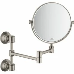AXOR Montreux 8-7/20 x 12-9/25 in. Wall Mount Lighted Tilt Metal Framed Round Mirror in Brushed Nickel