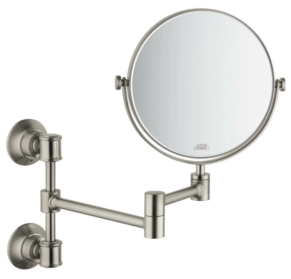 AXOR Montreux 8-7/20 x 12-9/25 in. Wall Mount Lighted Tilt Metal Framed Round Mirror in Brushed Nickel 1 AXOR Montreux 8-7/20 x 12-9/25 in. Wall Mount Lighted Tilt Metal Framed Round Mirror in Brushed Nickel